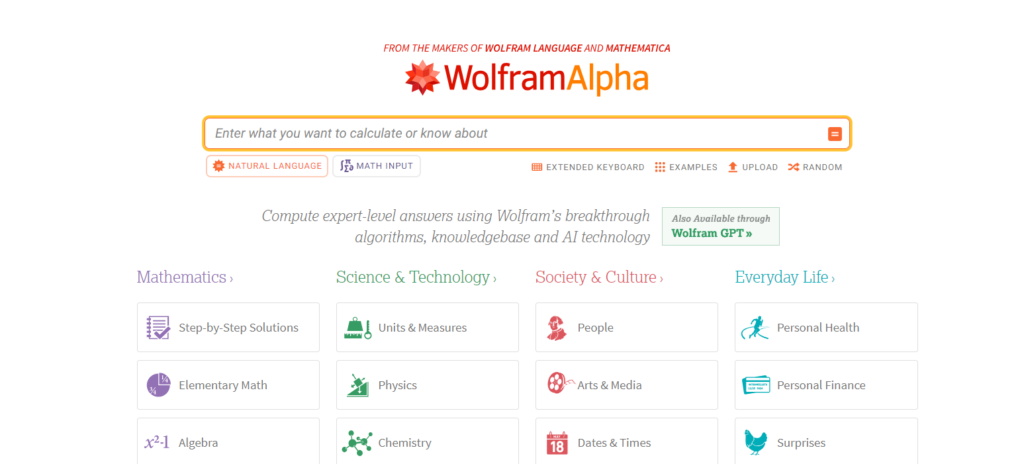 Screenshot of WolframAlpha