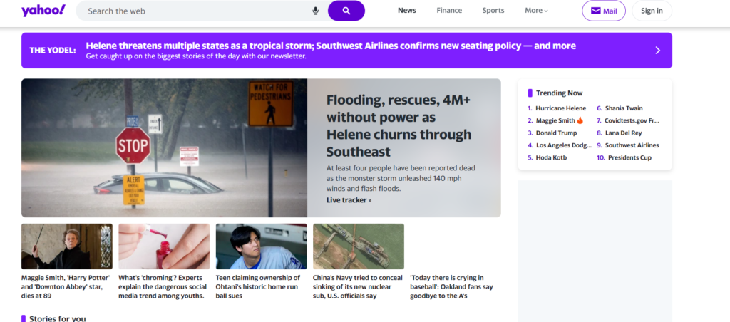 Screenshot of Yahoo.comIn the market for more than 20 years, Yahoo is not only a search engine, but it also offers some services like email, news, finance, etc.