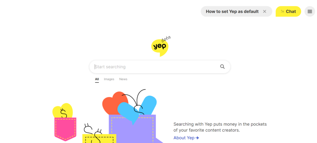 Screenshot of Yep.com search engine other than google