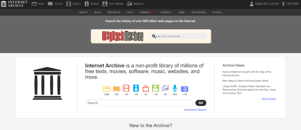 Screenshot of Wayback Machine