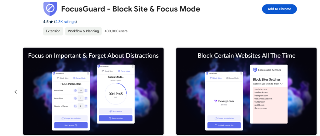 screenshot of FocusGuard chrome extension for productivity