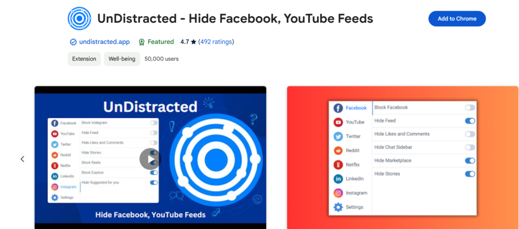 Screenshot of UnDistracted productivity extension chrome