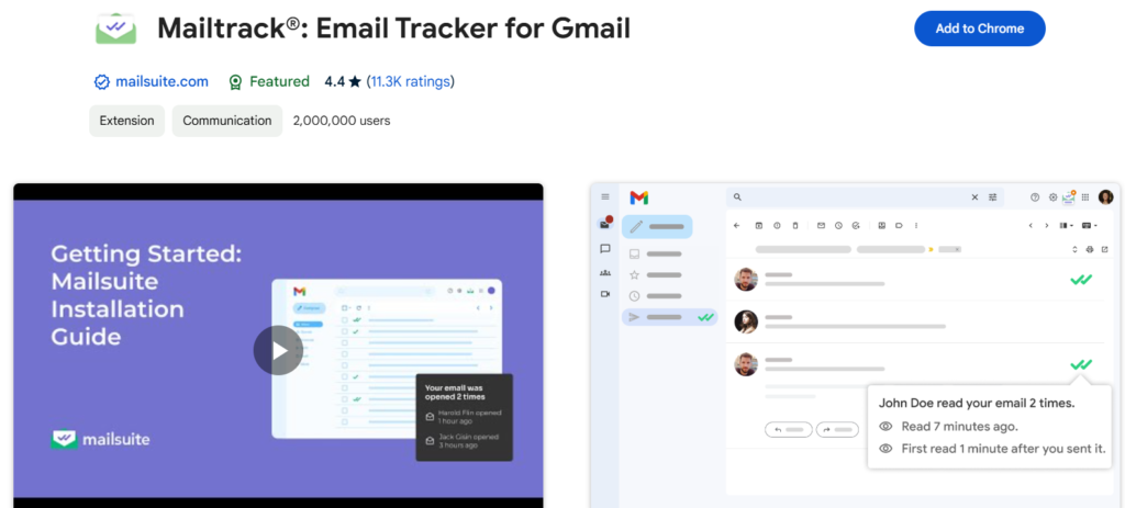 Screenshot of Mailtrack chrome productivity extensions