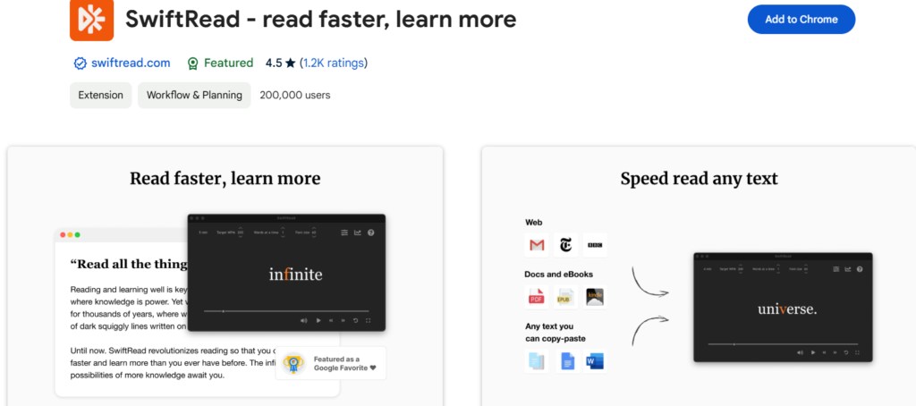 Screenshot of SwiftRead chrome productivity extensions