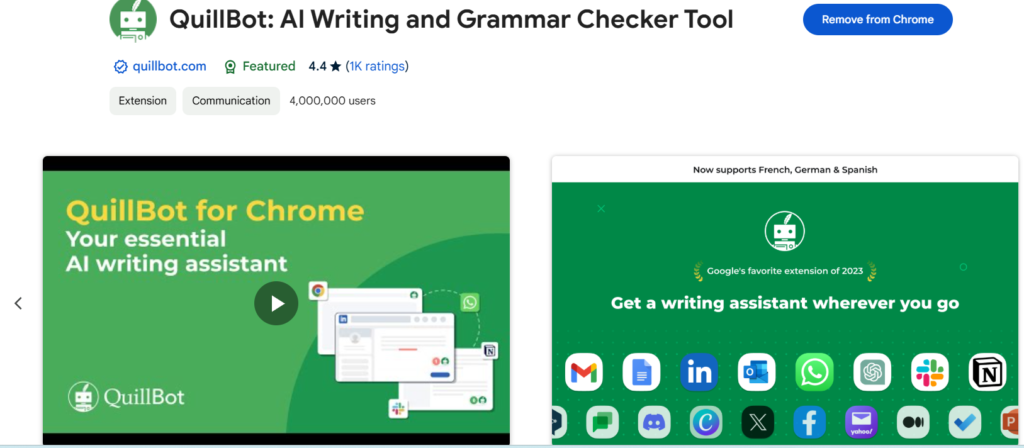 Screenshot of QuillBot chrome extension productivity