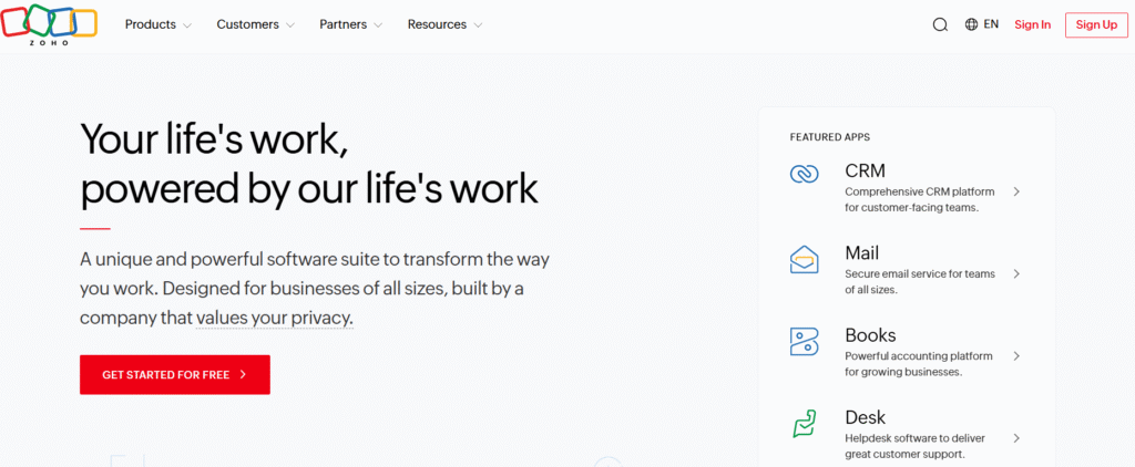 screenshot of Zoho aps for freelance