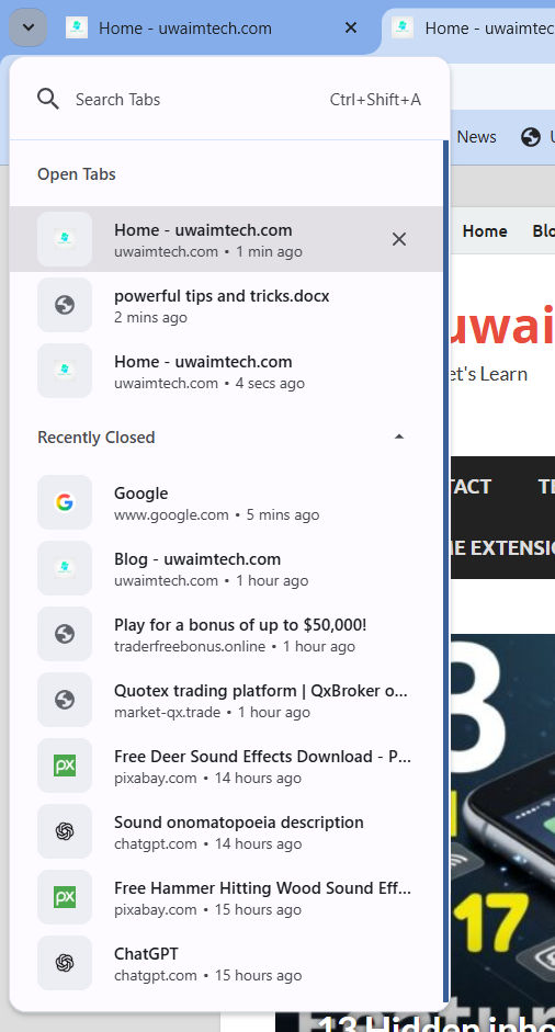 screenshot of Search Yours Tabs.manage tabs in chrome